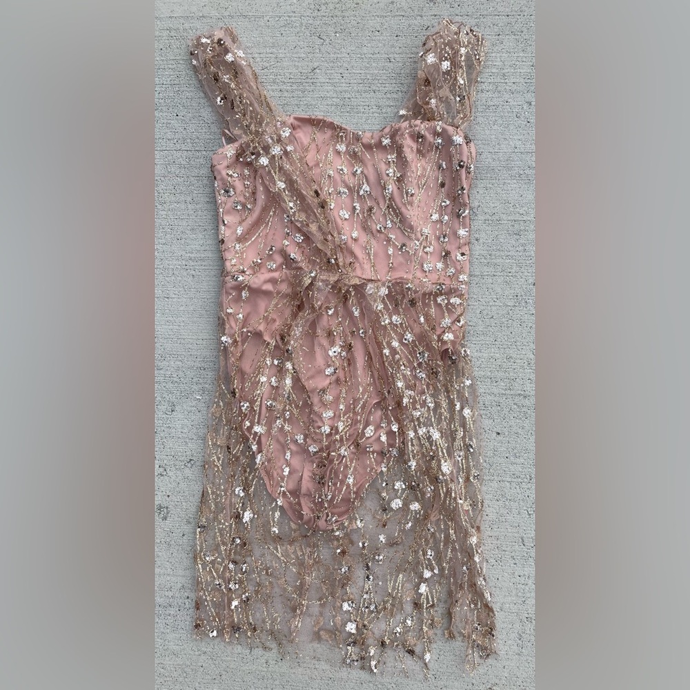 Fashion Nova Blush Pink Sequin Mesh Evening Dress